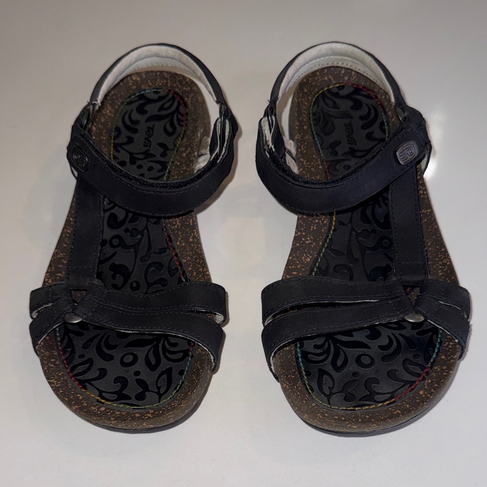 Teva Ventura Cork 2 Black Leather Strappy Sandals - Women's Size 6.5